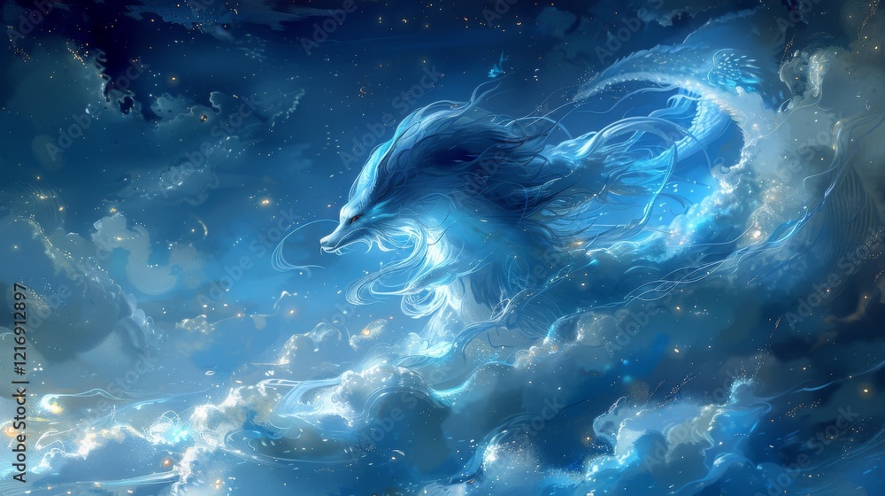 Fototapeta premium Mythical creatures. Japan myth. Tsukuyomi-no Mikoto, figure of tranquil grace, glides serenely across the velvety expanse of the night sky. moon god in Japanese mythology