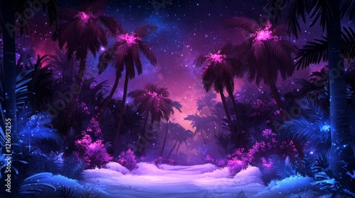 Ethereal Nightscape Glowing Palm Trees and Mystical Snow in a Dreamlike Tropical Forest