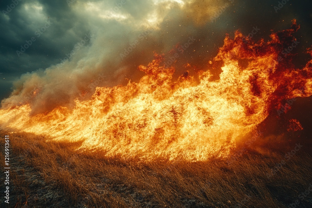 A large fire is burning in a field, suitable for use in scenes about emergency services or natural disasters A large fire is burning in a field, suitable for use in scenes about emergency services or natural disasters