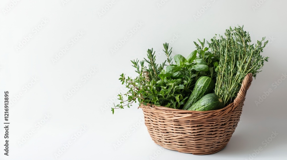 Fresh Herbs and Vegetables in Woven Basket on Light Background Fresh Herbs and Vegetables in Woven Basket on Light Background