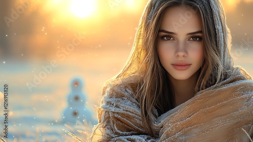 Beautiful woman with flowing brown hair, delicate winter cloak, snowman she built in the snow, warm golden light glowing on the horizon, serene and reflective winter landscape, ultra-realistic, 