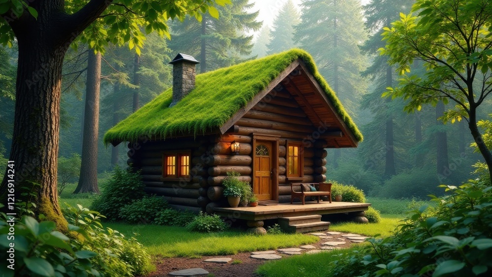 Secluded Log Cabin with Verdant Roof Nestled Amidst a Misty Forest Landscape Secluded Log Cabin with Verdant Roof Nestled Amidst a Misty Forest Landscape