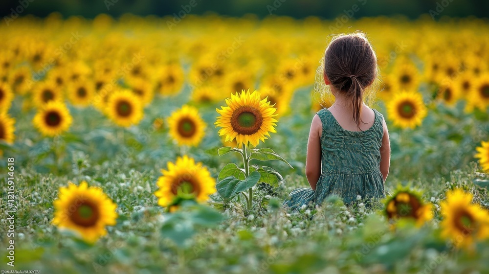 Young Girl Sitting in a Field of Bright Sunflowers at Dusk Young Girl Sitting in a Field of Bright Sunflowers at Dusk