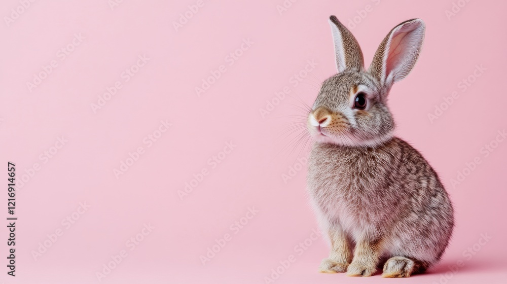 Fototapeta premium Adorable Young Rabbit Sitting Against Soft Pink Background