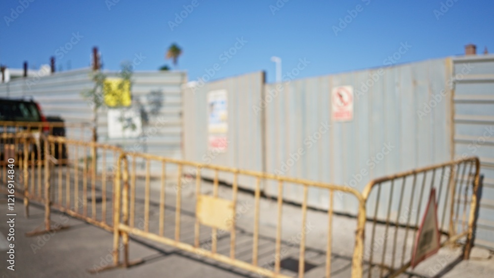 Blurred construction site with metal barriers and defocused industrial background under a clear blue sky Blurred construction site with metal barriers and defocused industrial background under a clear blue sky