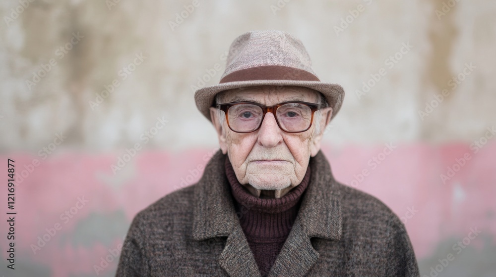 Elderly man in a brown coat and hat standing against a faded wall with a pink hue Elderly man in a brown coat and hat standing against a faded wall with a pink hue