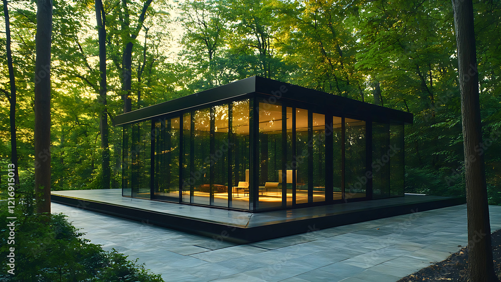 Modern Glass Pavilion in Serene Forest with Sunlit Canopy Reflection Modern Glass Pavilion in Serene Forest with Sunlit Canopy Reflection