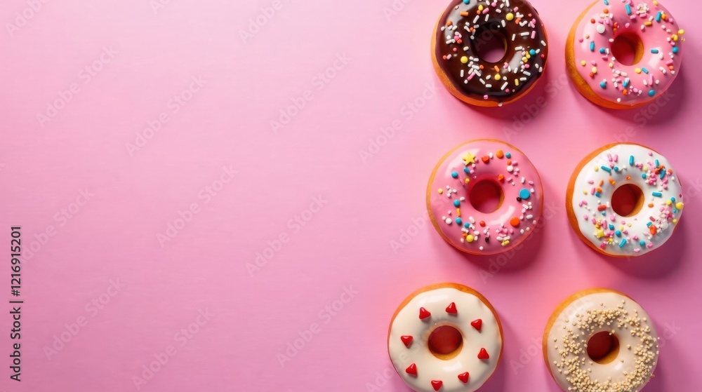 Sweet Treats Arranged on Pink Background A Delightful Collection of Glazed Donuts with Colorful Sprinkles Sweet Treats Arranged on Pink Background A Delightful Collection of Glazed Donuts with Colorful Sprinkles
