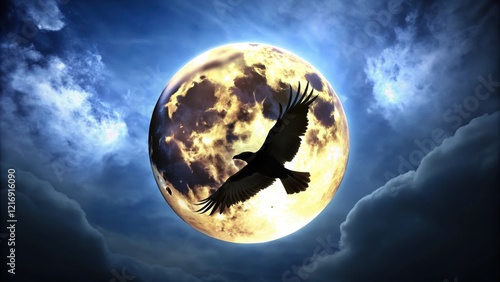 Dark silhouette of a raven bird flying against a bright full moon in the night sky #ravenbird #nightlife #wildlifephotography #moonlight #naturephotography , moon, night photo