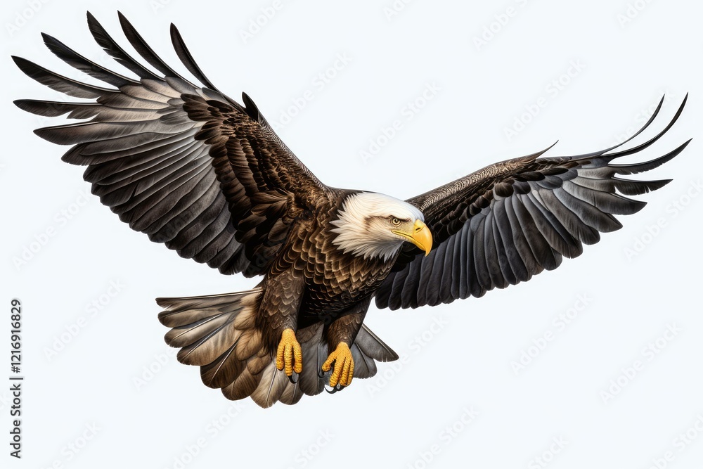 Fototapeta premium Powerful bird of prey, the bald eagle, displaying its wingspan against a clear sky