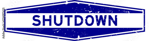 Grunge blue shutdown word hexagon rubber seal stamp on white background