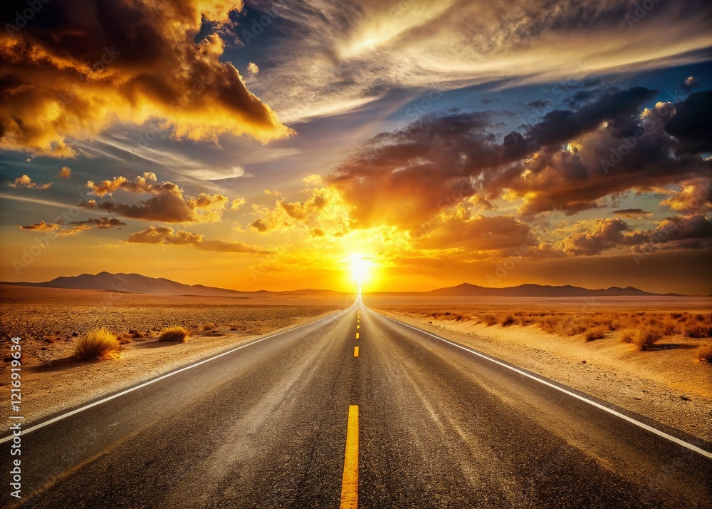 Naklejka premium Empty Asphalt Road Cutting Through Golden Desert Sands to Horizon - Scenic Stock Photo