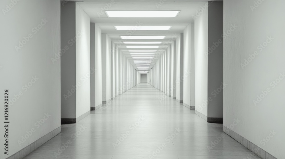 Obraz premium Long, empty corridor with bright lighting and clean, minimalist design, ideal for modern architecture