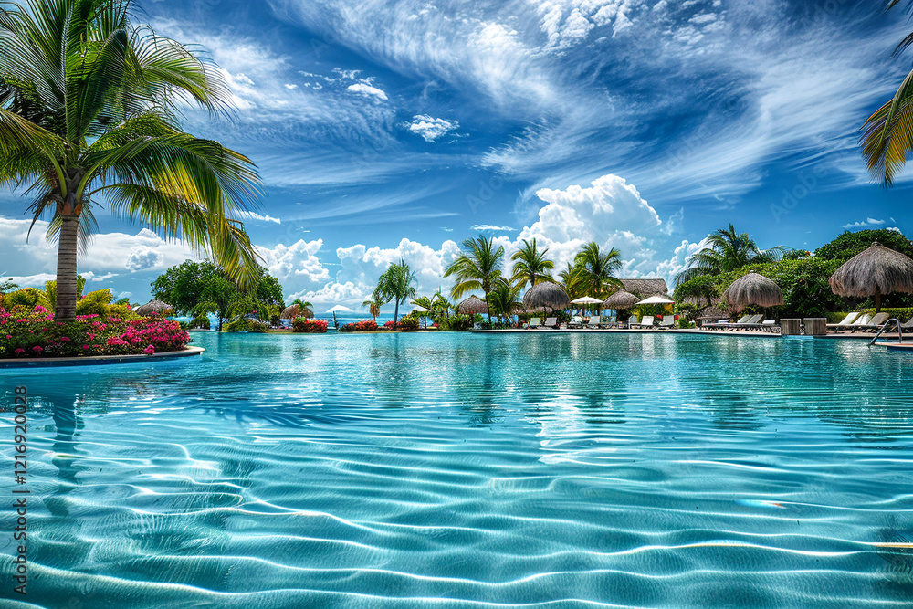 Fototapeta premium Exquisite infinity pool by the beach, surrounded by tropical plants and offering a tranquil experience.
