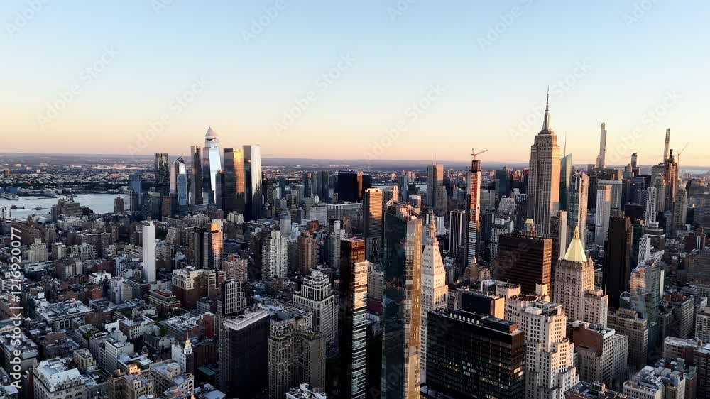 11 of September. Drone flight above Manhattan downtown at sunrise. New York, USA. 11 of September. Drone flight above Manhattan downtown at sunrise. New York, USA.