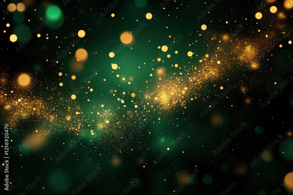 Abstract festive background with blurred golden bokeh lights and shimmering particles over a rich green backdrop, perfect for celebrations and design projects Abstract festive background with blurred golden bokeh lights and shimmering particles over a rich green backdrop, perfect for celebrations and design projects