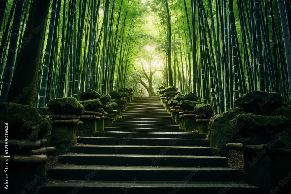 Obraz premium Stone stairway ascending through a serene bamboo forest, bathed in soft sunlight, evokes a sense of tranquility and spiritual journey