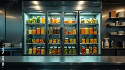 Wallpaper Mural A commercial kitchen refrigerator filled with numerous glass jars of various preserved fruits and vegetables Torontodigital.ca