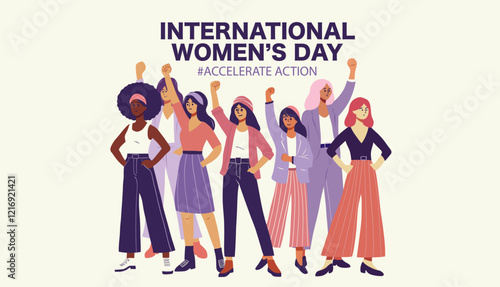 International Women's Day celebration illustration Empowered diverse women standing together with raised fists  promoting accelerate action depicted in modern flat stye