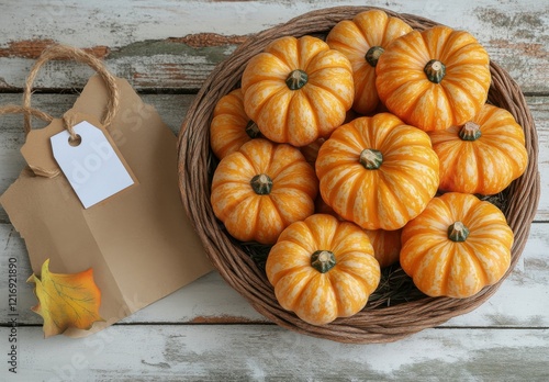 Freshly harvested decorative pumpkins displayed in a rustic basket on a wooden surface, perfect for autumn decor and seasonal celebration themes. photo