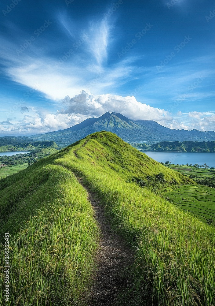 Fototapeta premium beautiful view of grassy mountain with blue sky in the background, there is an abandoned trail on top of it and some people walking around. 