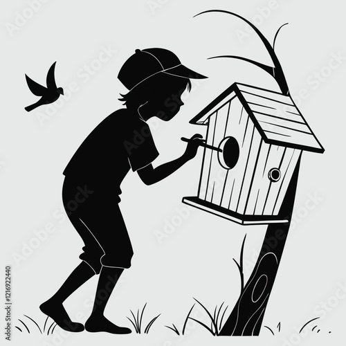 a child peeking into a birdhouse silhouette vector design art and illustration