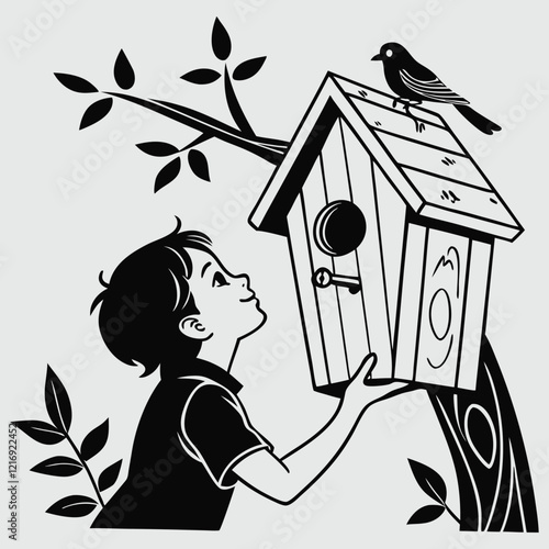 a child peeking into a birdhouse silhouette vector design art and illustration