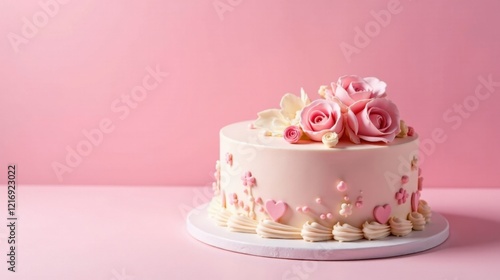 Wallpaper Mural A delicately decorated round cake, adorned with pastel pink roses and hearts, sits on a pristine white cake board against a soft pink backdrop. Torontodigital.ca