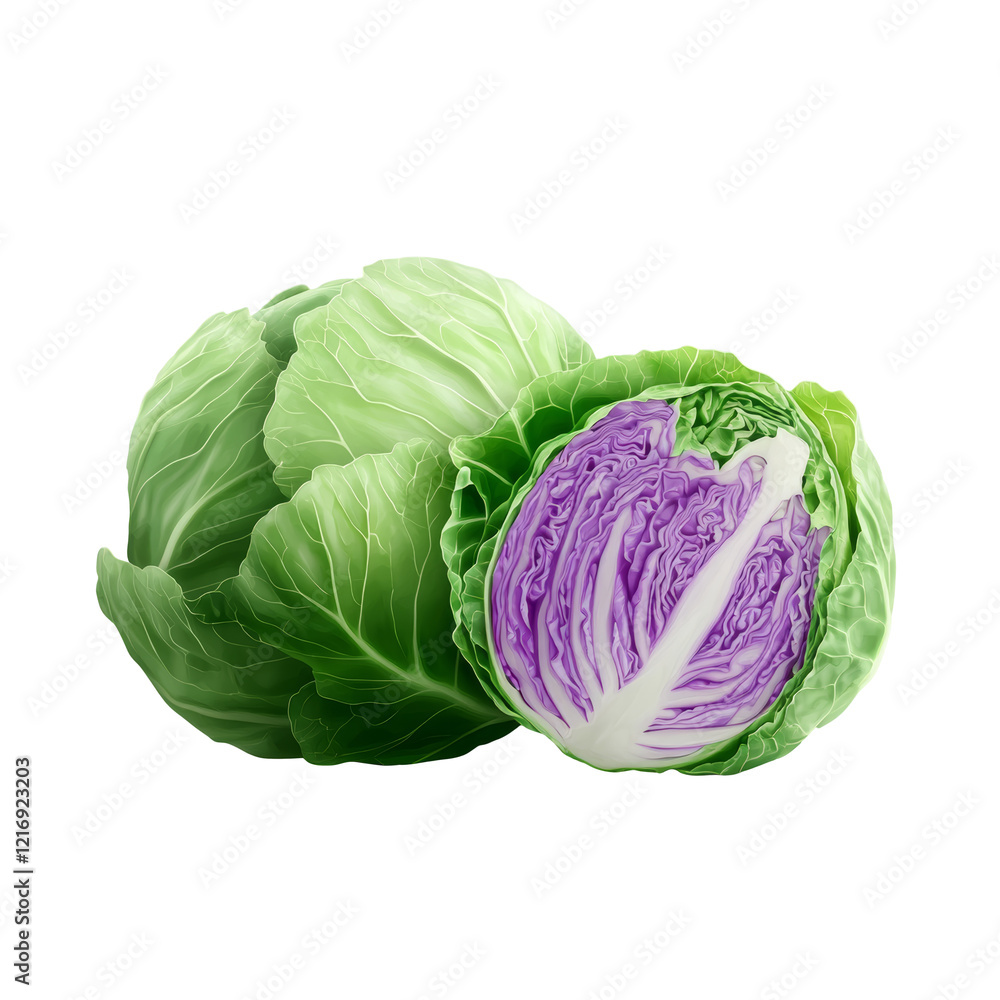 Obraz premium A vibrant green and purple cabbage, showcasing its layered leaves and cross-section.