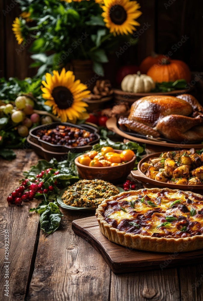 Rustic Autumn Feast with Bountiful Harvest of Seasonal Dishes Including Pumpkin, Roasted Turkey, Fresh Vegetables, and Colorful Grapes Surrounded by Sunflowers and Natural Decor Rustic Autumn Feast with Bountiful Harvest of Seasonal Dishes Including Pumpkin, Roasted Turkey, Fresh Vegetables, and Colorful Grapes Surrounded by Sunflowers and Natural Decor