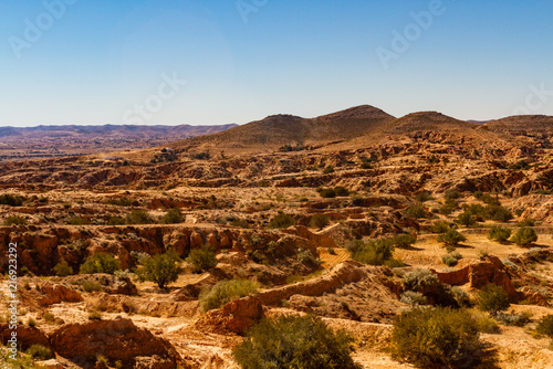 A view of the low Djabel Dahar mountain range. Southern Tunisia, Africa photo