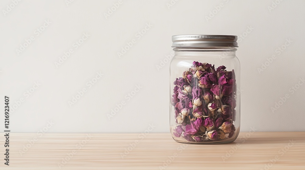A minimalist glass jar filled with dried rose buds, placed on a light wooden counter picture A minimalist glass jar filled with dried rose buds, placed on a light wooden counter picture
