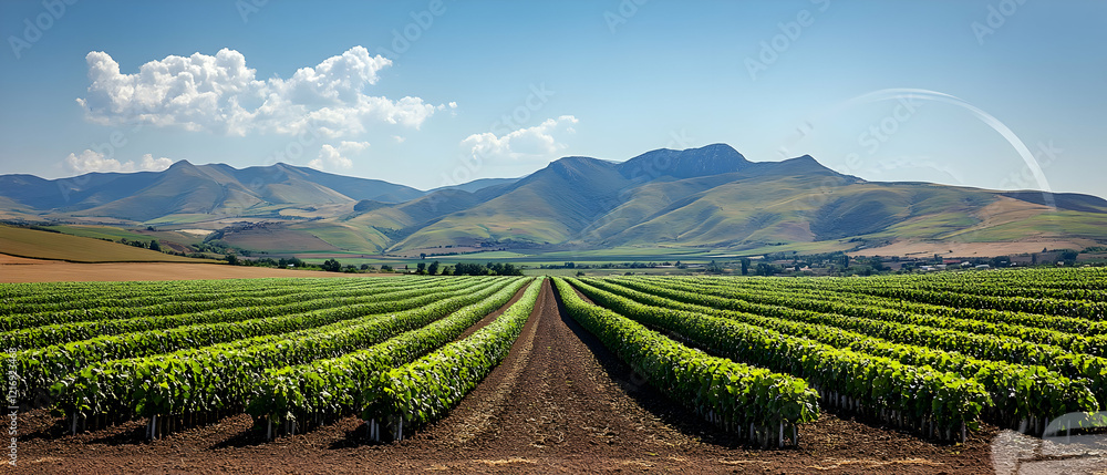 Obraz premium Vineyard rows, mountain backdrop, sunny day, agriculture