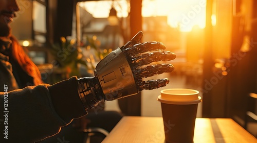 Metallic Hand Reaching For Coffee In Warm Glow photo