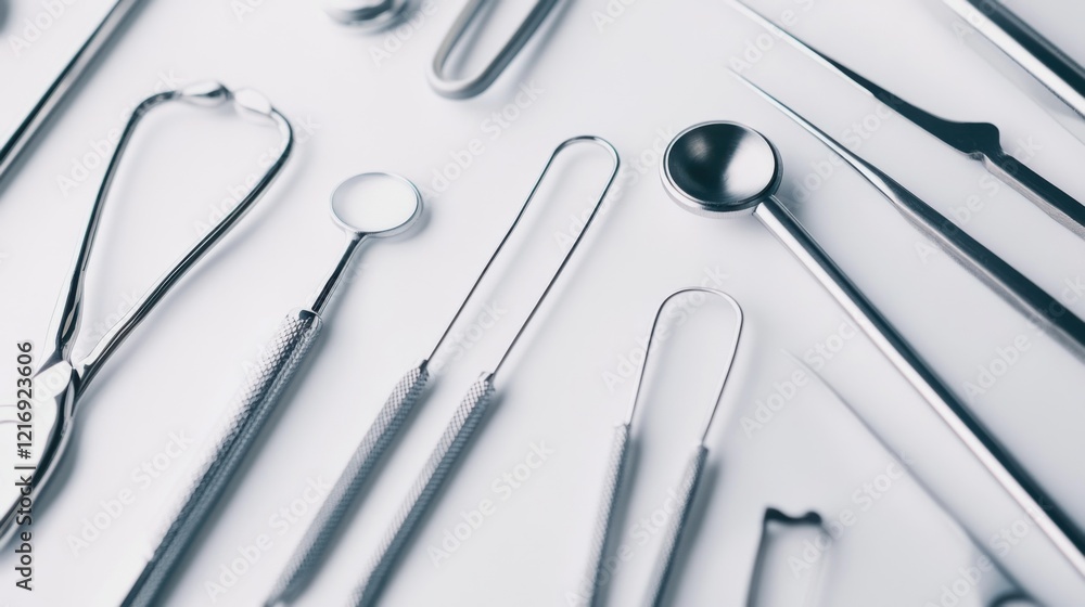 A close-up of a surgical instrument set, neatly arranged on a white surface, Minimalist style A close-up of a surgical instrument set, neatly arranged on a white surface, Minimalist style