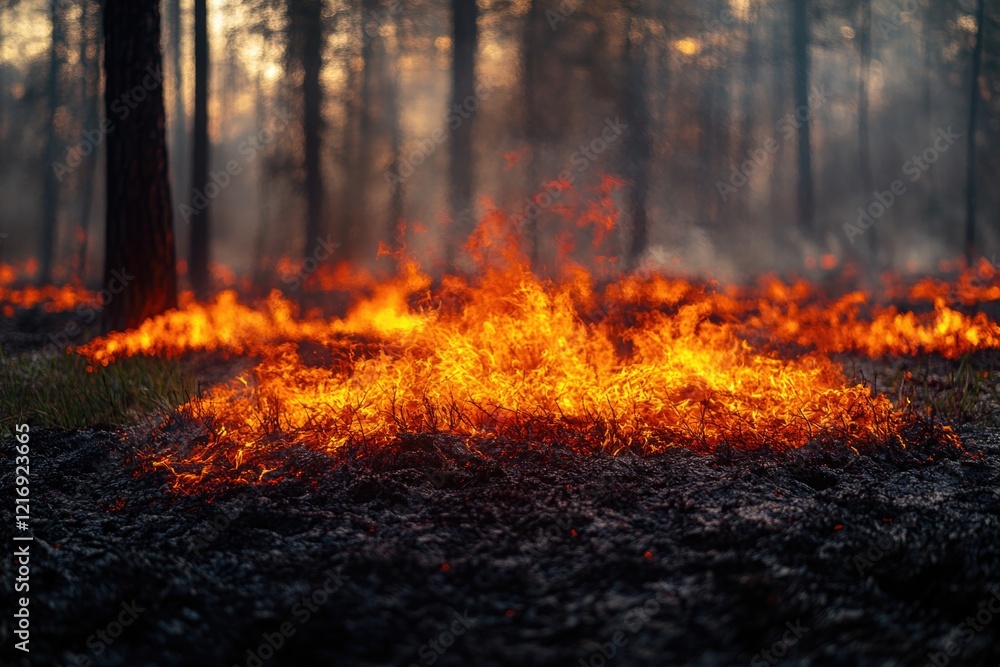 Wildfire raging through dense forest trees and underbrush Wildfire raging through dense forest trees and underbrush