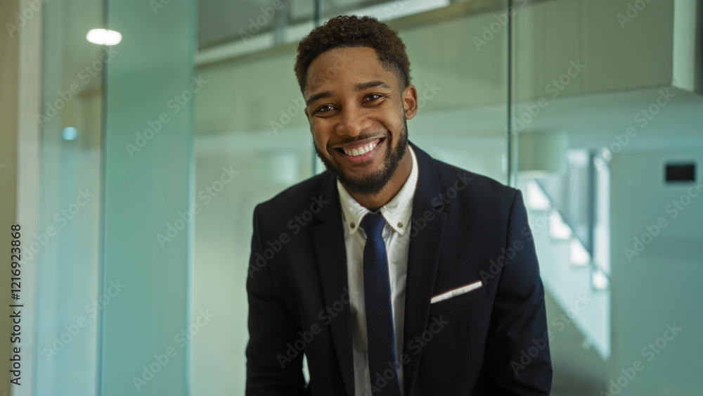 Young man in office wearing suit smiling against modern glass interior Young man in office wearing suit smiling against modern glass interior