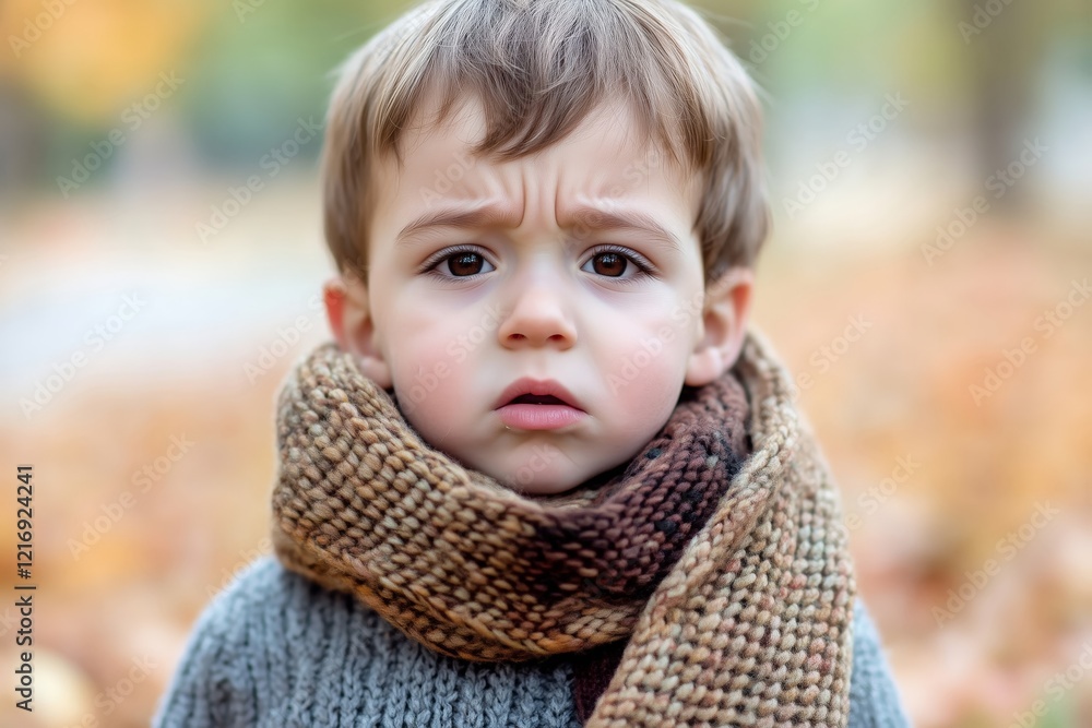 A close-up portrait of a little boy with a curious yet serious expression, wearing a knitted brown scarf and gray sweater, standing outdoors in an autumn park with colorful leaves in the background A close-up portrait of a little boy with a curious yet serious expression, wearing a knitted brown scarf and gray sweater, standing outdoors in an autumn park with colorful leaves in the background