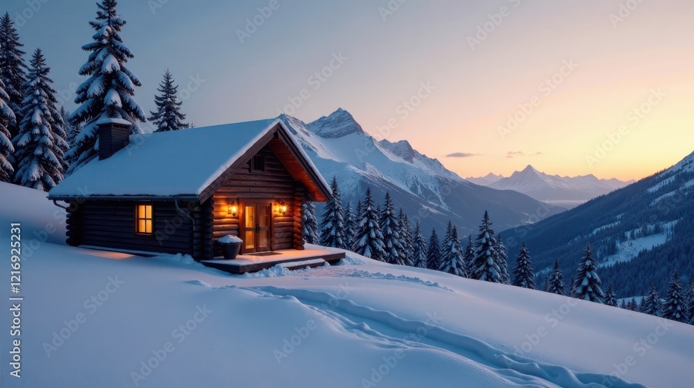 Serene winter cabin nestled amidst snow-covered peaks at twilight, offering tranquil mountain views and a peaceful escape. Serene winter cabin nestled amidst snow-covered peaks at twilight, offering tranquil mountain views and a peaceful escape.