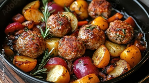 Savory meatballs with roasted vegetables served in a black dish, showcasing vibrant colors and delicious aromas during a cozy family dinner