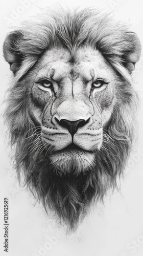 Wallpaper Mural Detailed black and white drawing of a lion's face showcasing intricate fur textures and intense eyes Torontodigital.ca
