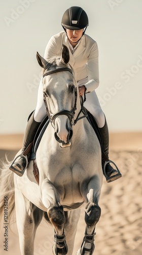 A skilled equestrian rider in white attire confidently rides a white horse across a sunlit desert landscape. photo