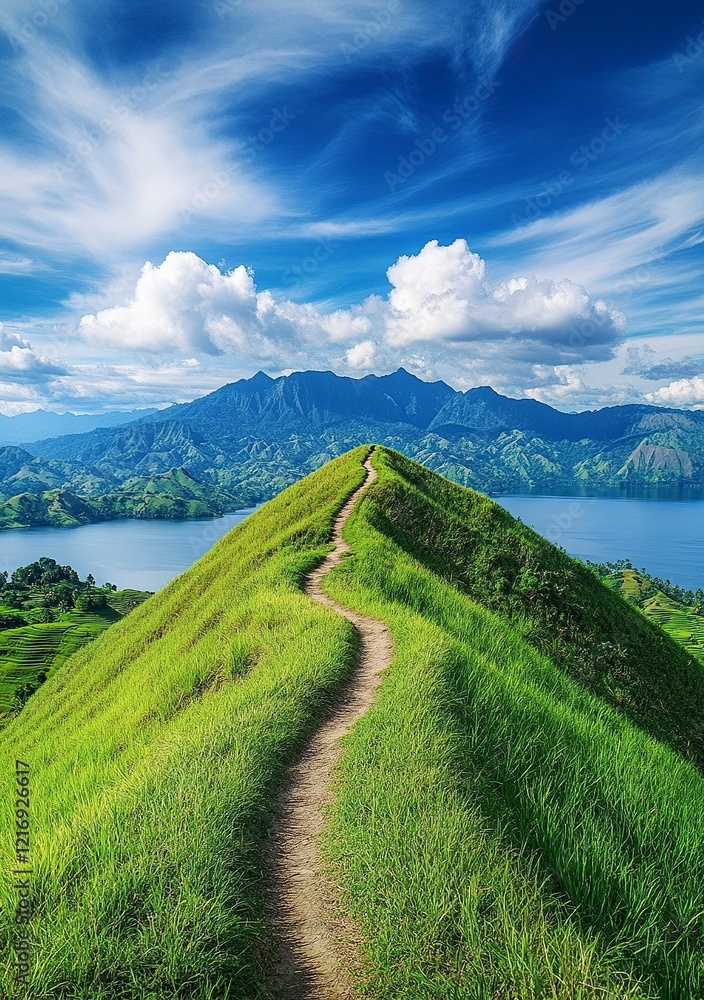 Obraz premium beautiful view of grassy mountain with blue sky in the background, there is an abandoned trail on top of it and some people walking around. 
