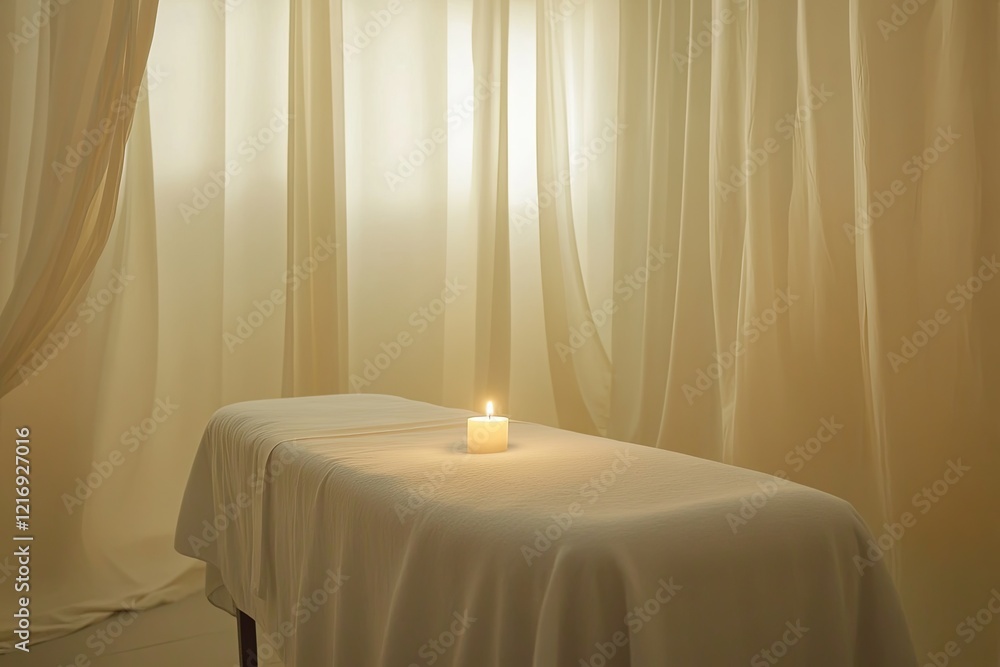 A minimalist massage room with a single glowing candle and soft white linens. picture A minimalist massage room with a single glowing candle and soft white linens. picture