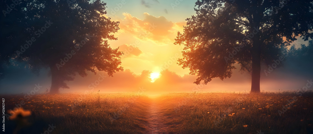 Sunrise path, misty field, trees, hope Sunrise path, misty field, trees, hope