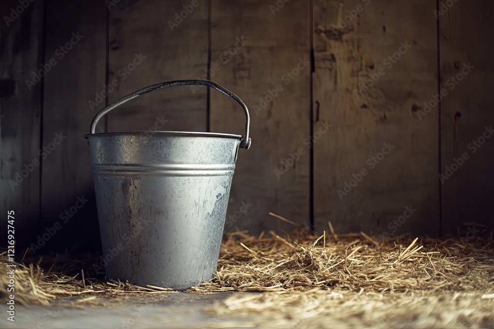 A minimalist metal milk pail resting on a clean hay-strewn floor. picture A minimalist metal milk pail resting on a clean hay-strewn floor. picture