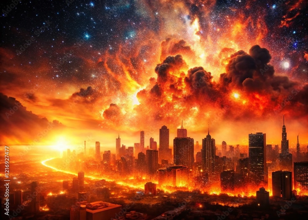 Fiery Abstract Double Exposure: Burning Cityscape Meets Celestial Night Fiery Abstract Double Exposure: Burning Cityscape Meets Celestial Night