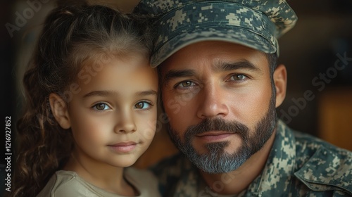 Soldier and daughter share a heartfelt moment before deployment in a warm and cozy setting photo