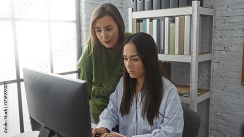 Women working together in an office, with one woman in a green shirt supervising another woman at a computer.