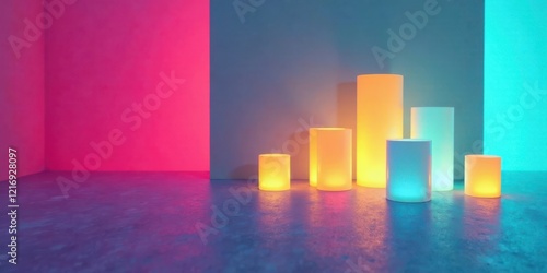 Wallpaper Mural Illuminated Cylinders in a Vibrant Room with Colored Walls and a Reflective Floor Torontodigital.ca